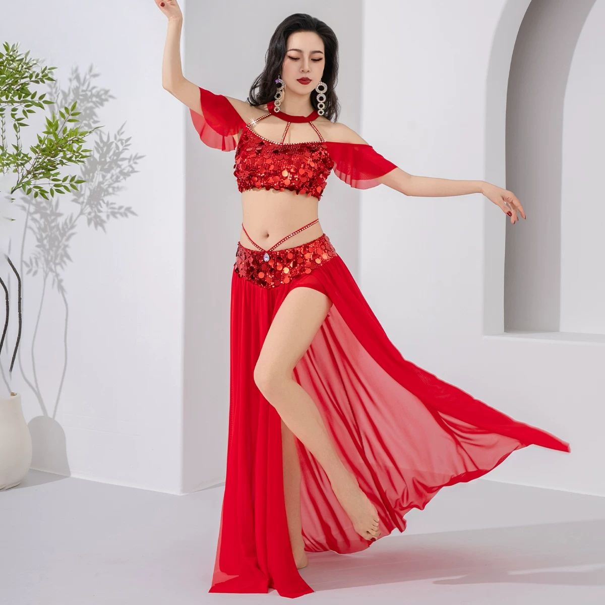 Tenue de Danse Orientale Élégante avec Paillettes Scintillantes, Jupe Longue Brillante, Haut Halter pour Filles et Groupes de Danse