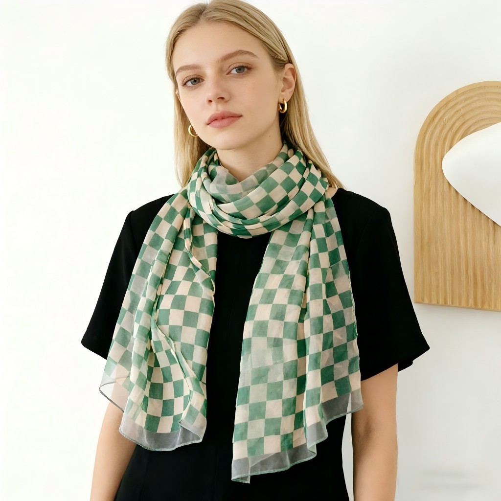 Écharpe en mousseline à carreaux 160x50 cm pour femme – Châle léger en georgette soyeuse, protection solaire et accessoire de mode, toutes saisons