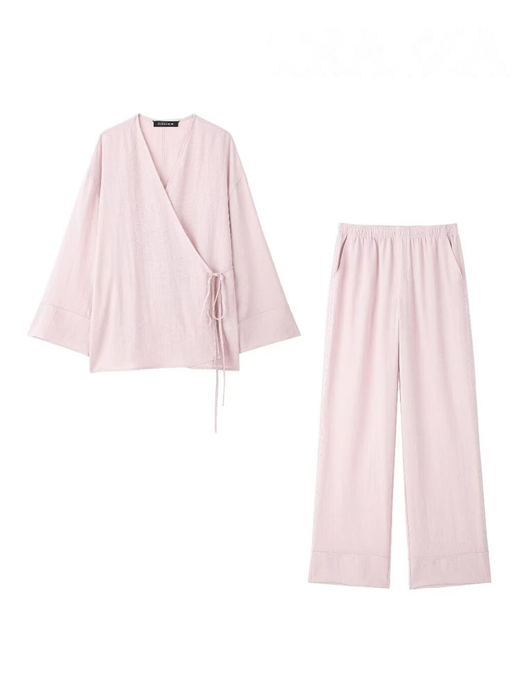 HH – ensemble 2 pièces pour femmes, Style Kimono, col en v, asymétrique, à lacets, chemisier ample et décontracté, haut + poche latérale, taille élastique, pantalon à jambes larges