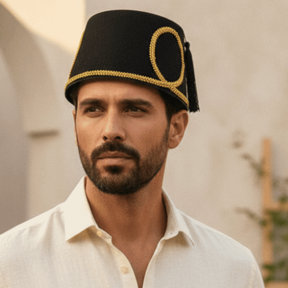 Chapeau Fez Turc Noir à Pompon en Feutre de Laine avec Bordure Dorée, Casquette Marocaine Taille Unique, Structure Rigide, Chapeaux de Fête en Feutre