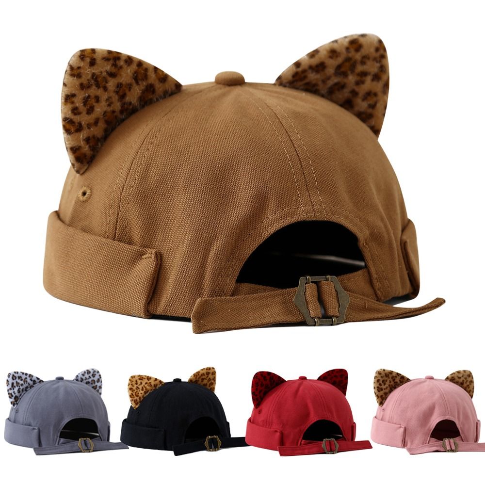 Casquette Docker Melon Hip Hop à Oreilles de Chat Imprimé Léopard, sans Visière, Couleur Unie, Bord Roulé, Réglable, pour l'Extérieur