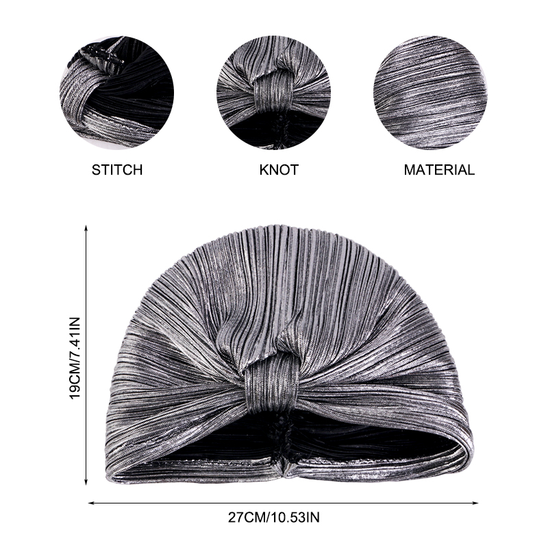 Nouveau Turban plissé métallisé pour femme, style ethnique rétro, élastique, brillant, bonnet, foulard, bonnet chimio