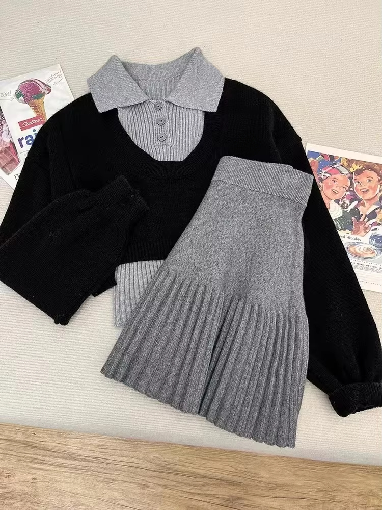 Tenue tricotée pour femme, mode coréenne, haut court décontracté Y2k, ensemble 2 pièces + Mini jupe à volants, costumes de bureau, automne et hiver
