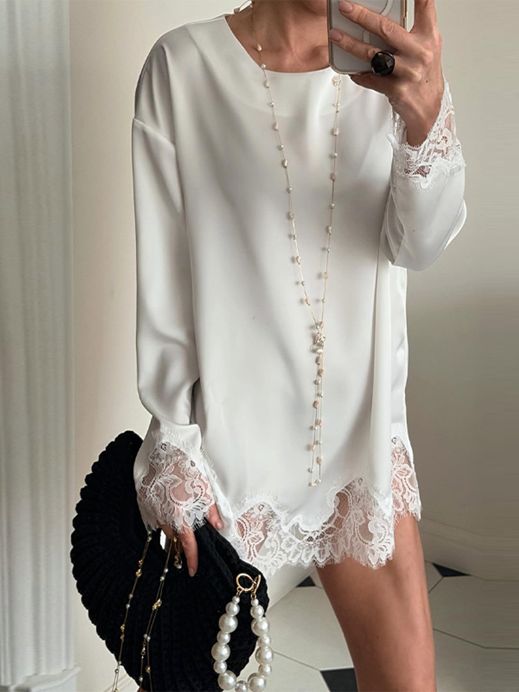 Robe courte à manches longues avec empiècements en dentelle, col rond, couleur unie, robes chics minimalistes, nouvelles mini-robes pour femmes