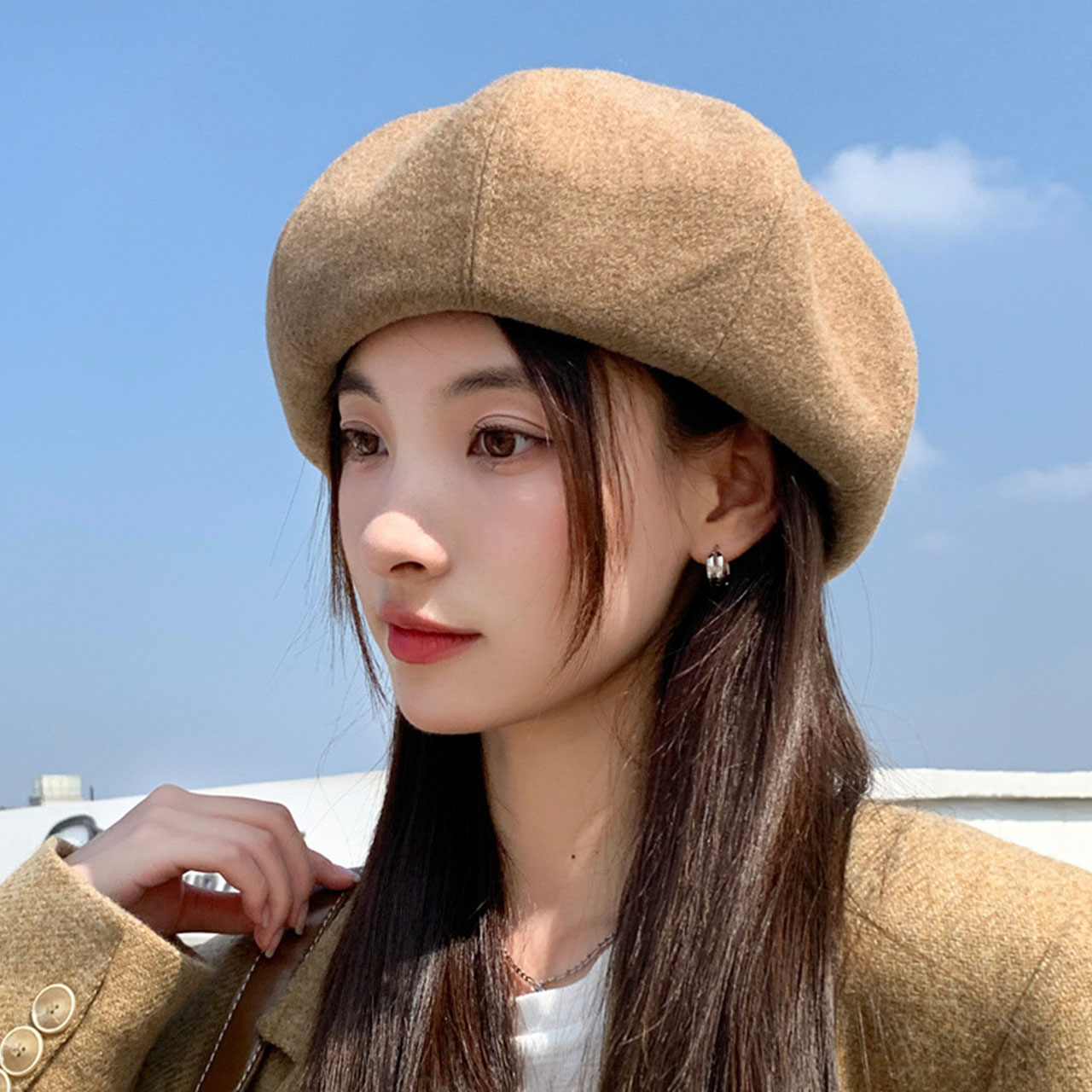 Bérets en laine chauds d'hiver pour femmes, casquette de peintre d'artiste coréenne de couleur unie, casquettes octogonales thermiques Vintage pour dames