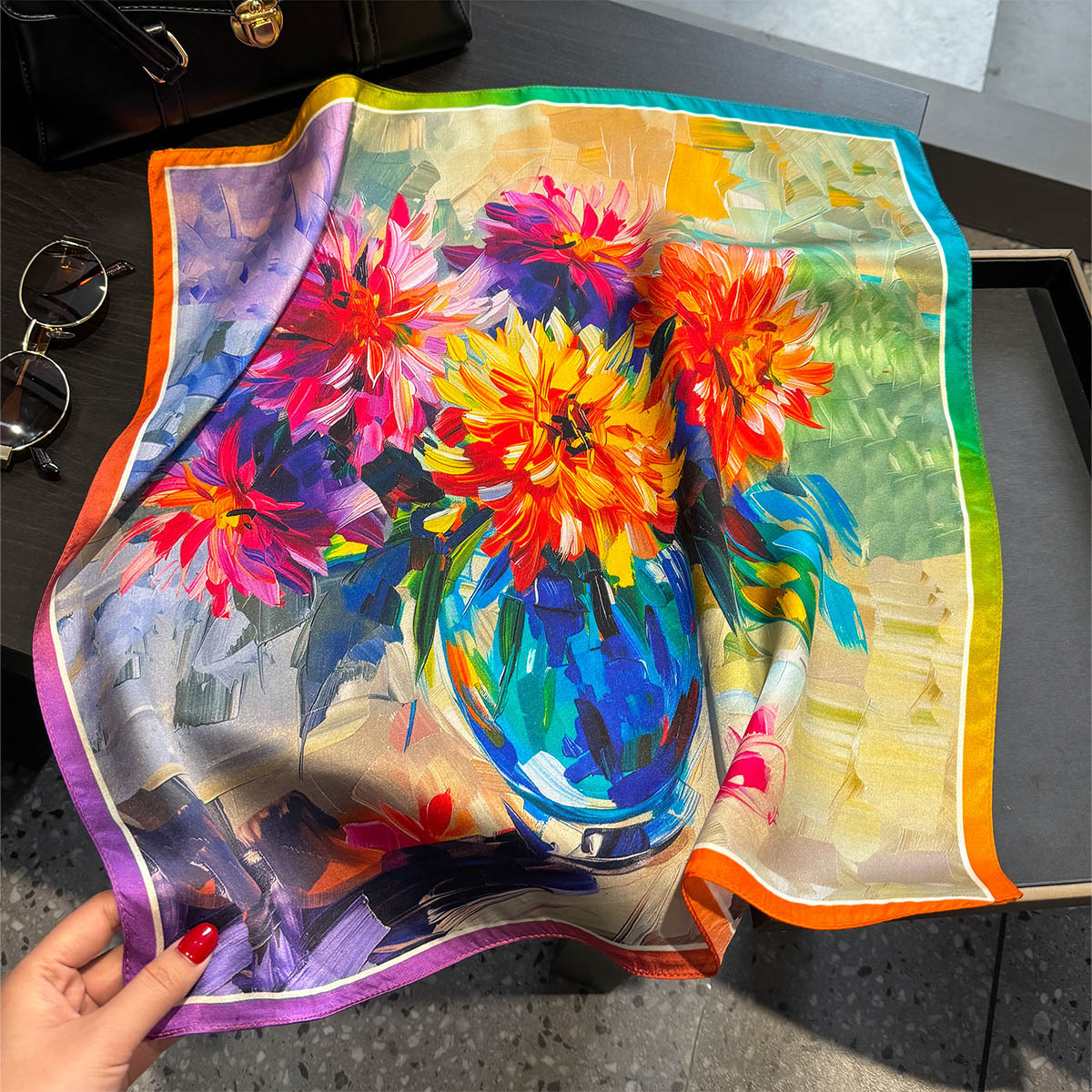 Foulard de luxe en soie de mûrier pour femmes, imprimé Floral à l'huile, Bandana, châle, foulard pour dames, enveloppe décorative, 53cm, 100%