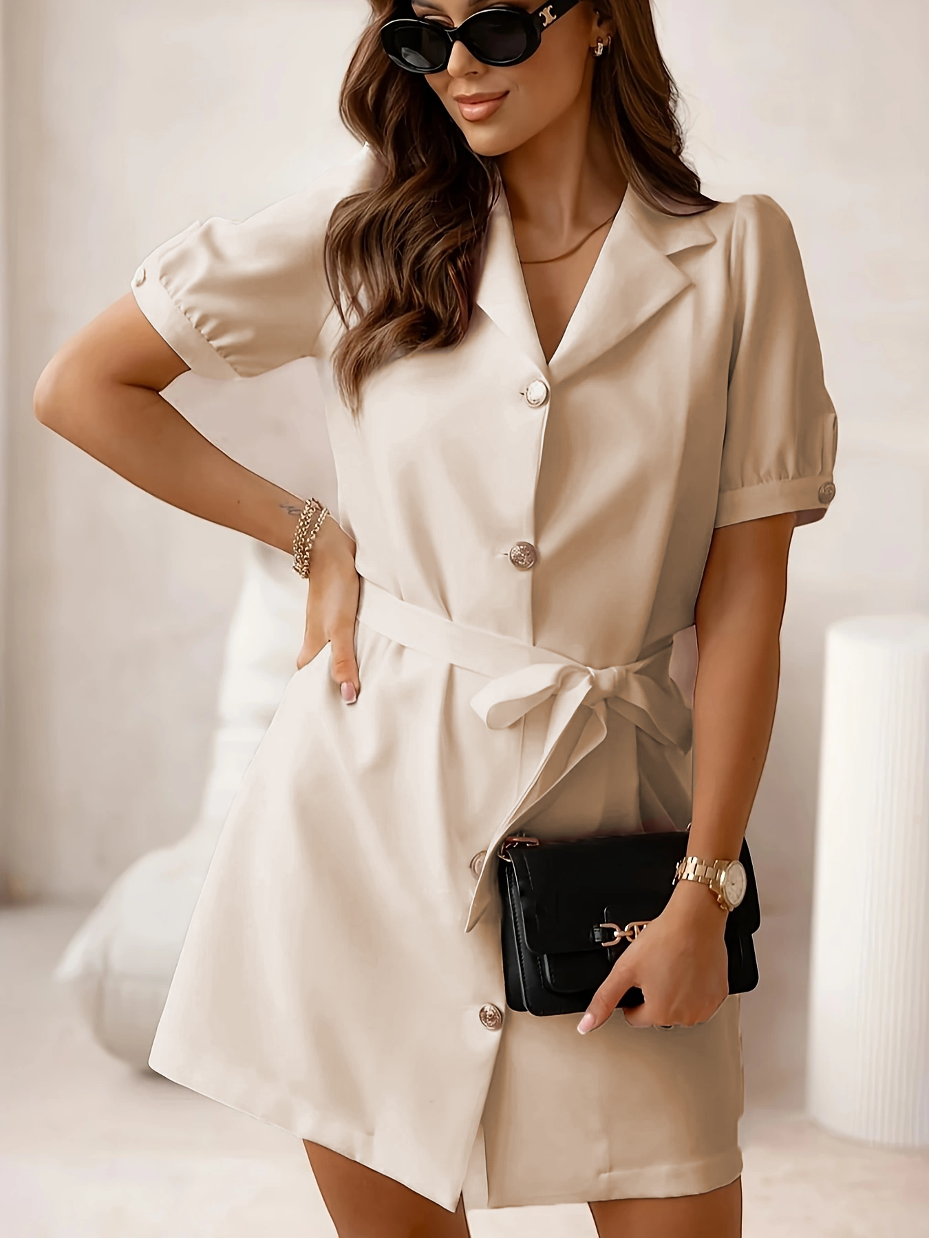 Robe chemise élégante en satin imitation acétate pour femme, robe d'été tendance pour le travail