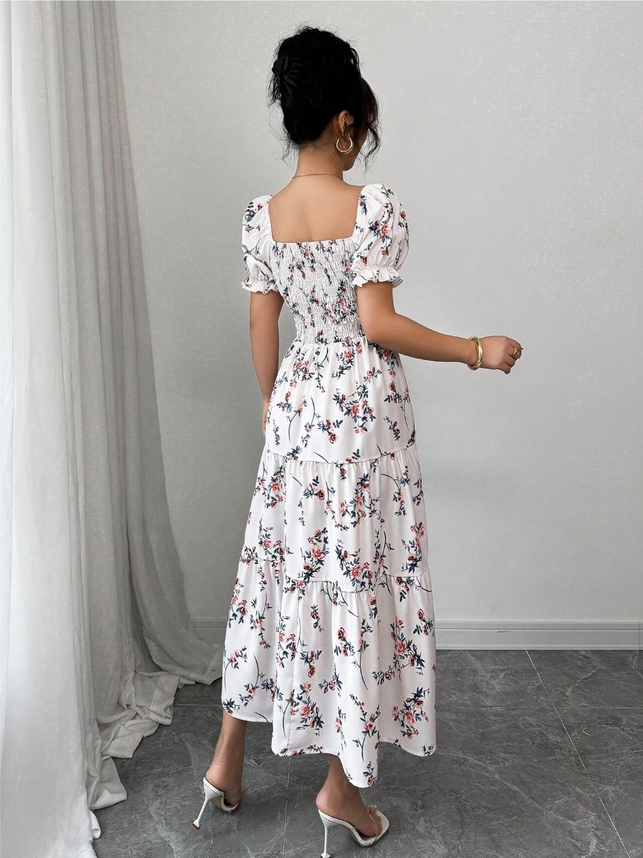 Jupe longue à manches courtes et col carré pour femme, imprimé frais, décontracté, mode, légèrement dos nu, tempérament, printemps et automne