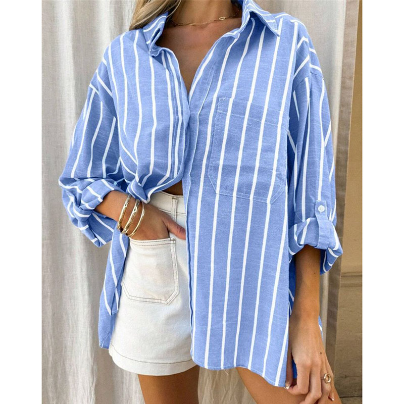 Chemise rayée à col polo ample pour femme, pour le printemps et l'été, élégante, décontractée, haut polyvalent