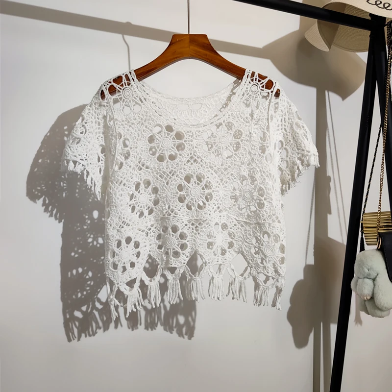 Haut en tricot au crochet Boho pour femme, broderie florale, manches courtes, pull ouvert-107, tenue de vacances d'été Y