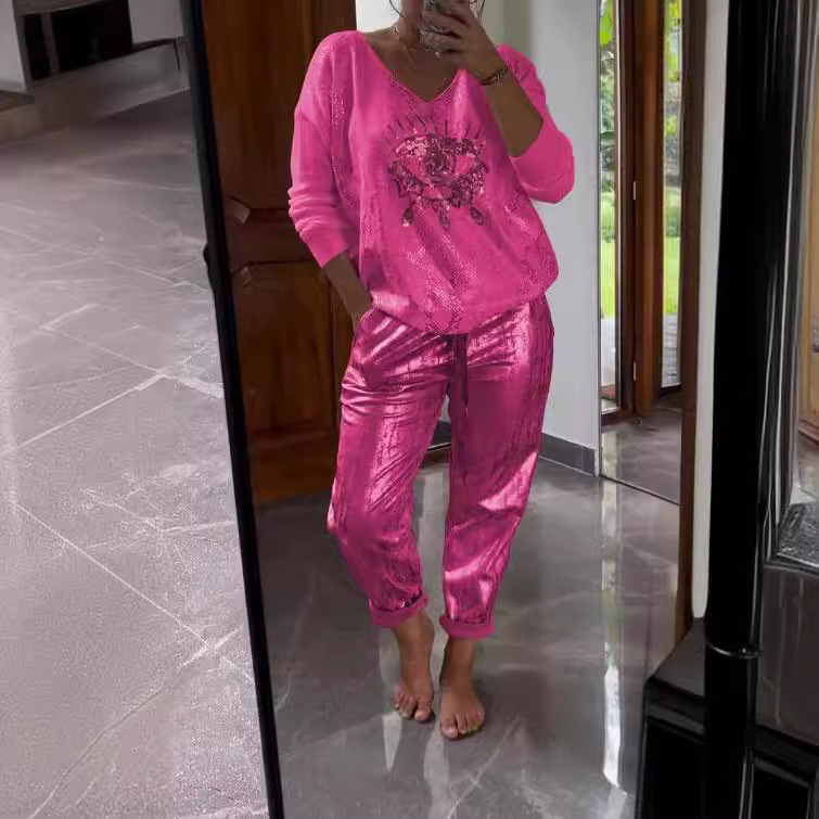 Costume grande taille pour femmes, mode décontractée, décoration des yeux en métal, chemise à manches longues, pantalons décontractés, grande taille, vêtements pour femmes, 2025