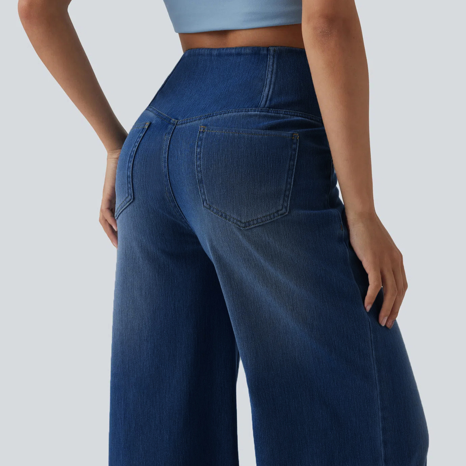 Pantalon en jean délavé taille haute à coupe large pour femme, style décontracté, extensible et doux, longueur complète