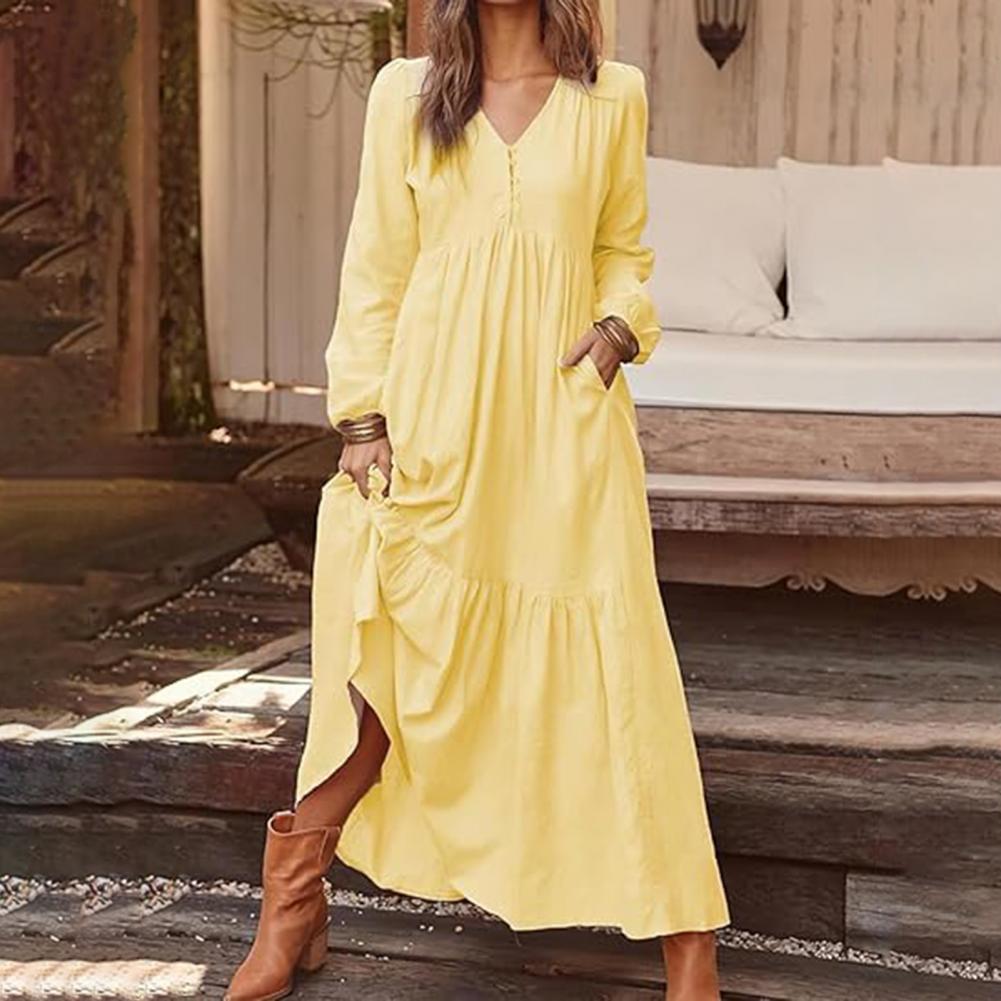 Robe longue plissée pour femmes, manches longues bouffantes, col en v, à volants, avec poches, couleur unie, style Boho, plage