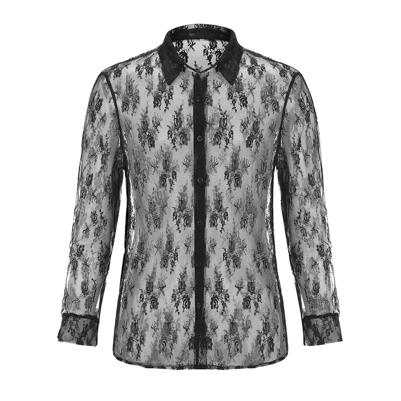 Chemise en dentelle transparente pour hommes, manches longues, résille ajourée, Vintage, Streetwear, Slim, mode, vêtements de fête, S-XL