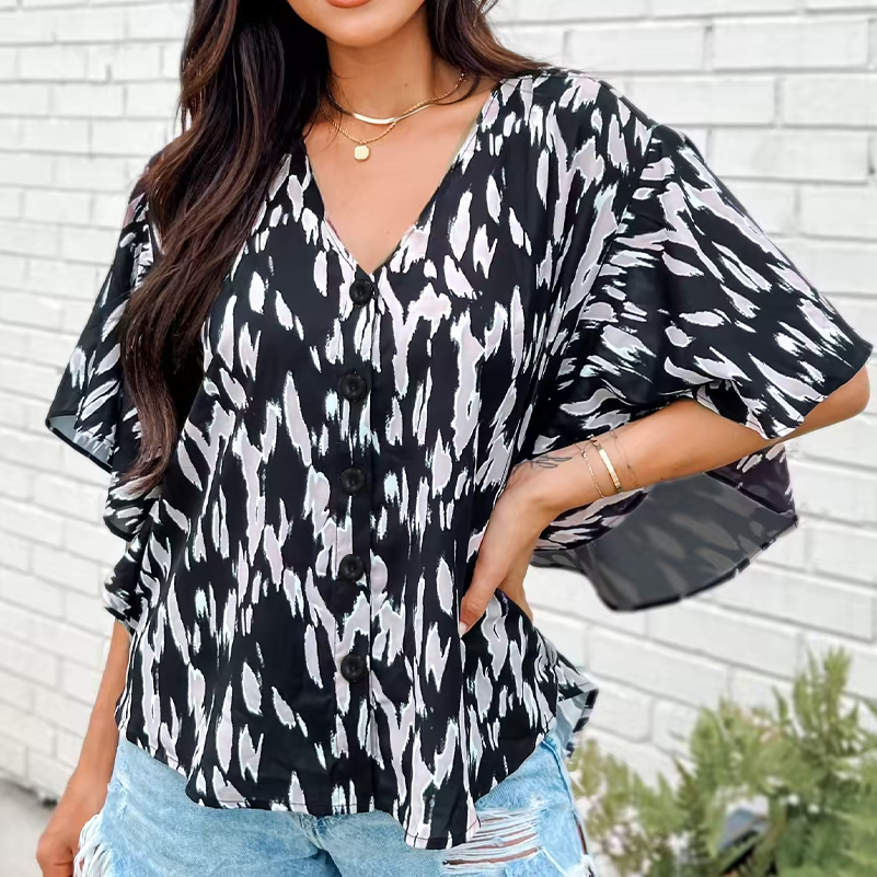 Chemise femme grande taille, haut cardigan imprimé tacheté bouton col en V. Vêtements d'été décontractés et à la mode