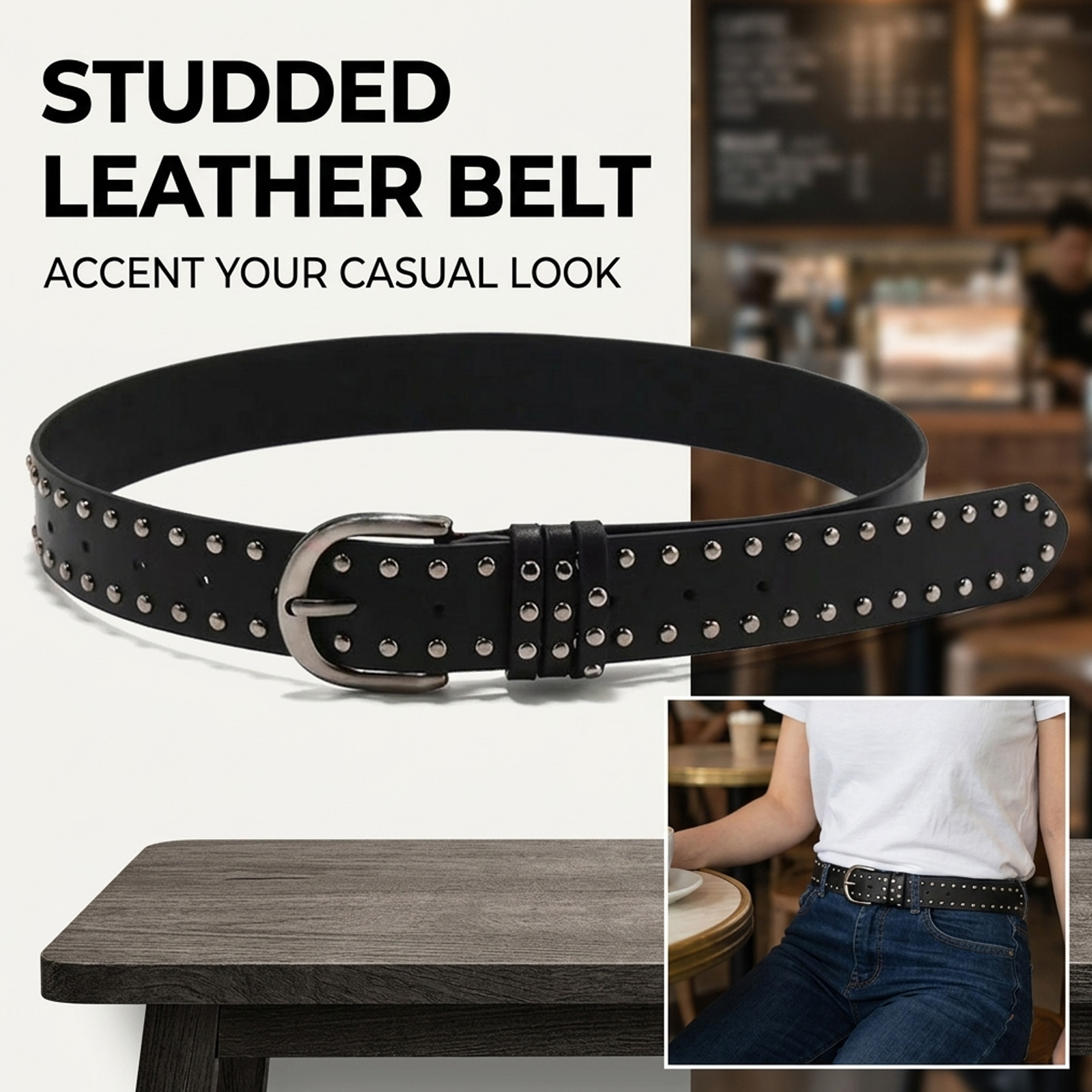 Ceinture en cuir noir et blanc de style punk pour femmes, à la mode, polyvalente, haut de gamme, en denim, avec rivets décoratifs, ceinture sexy