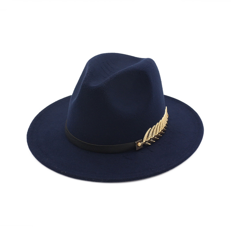 QBHAT tendance hommes femmes laine feutre Panama chapeau Fedora casquettes avec feuilles de métal bande de cuir Jazz Trilby casquette blanc vert jaune chapeaux