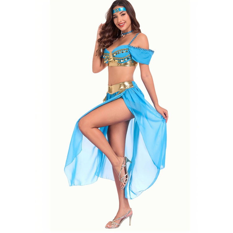Costume de danse du ventre Arabian Nights pour femmes, costume de princesse Genie bleu et or, tenue sur le thème de la lampe magique, cosplay, robe de fête d'Halloween