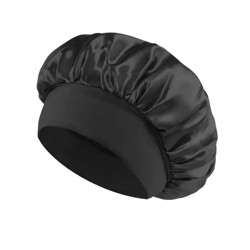 1 pièce Nouveau bonnet de nuit en soie et satin à large bord, avec bande élastique douce, pour femmes et hommes aux cheveux bouclés