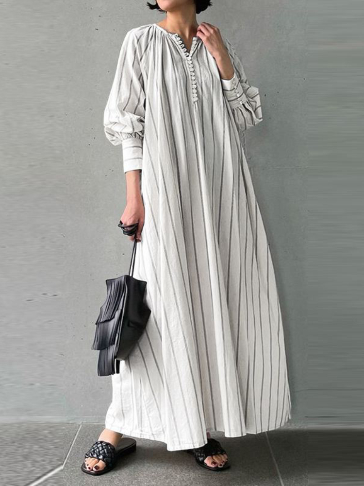Robe longue à rayures en lin pour femmes, 2024 coton, col rond, manches longues, simple, adt, pull vintage, robe élégante pour femmes