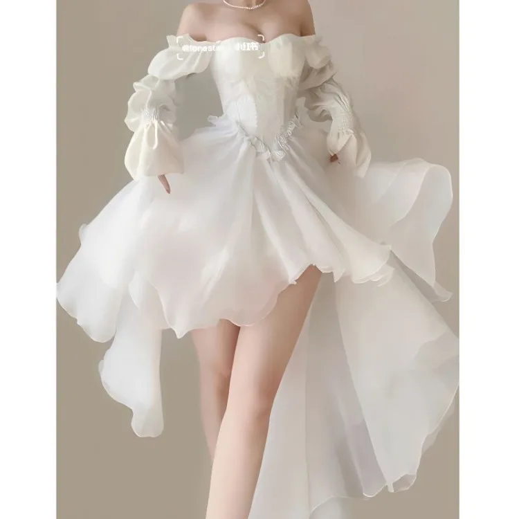 Robe élégante à épaules dénudées pour femmes, tenue blanche, taille Slim, manches longues, début du printemps, Y2k, nouvelle collection