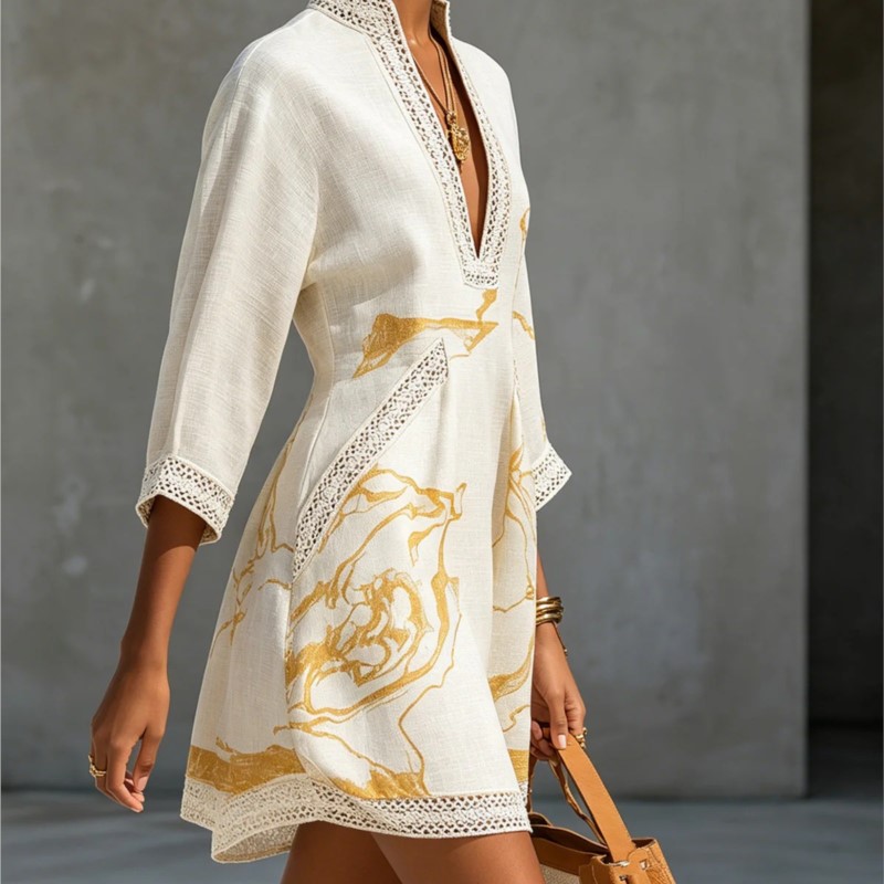 Robe courte bohème à imprimé abstrait pour femme, col en V évidé, manches 3/4, tunique ample, robe de vacances avec poches