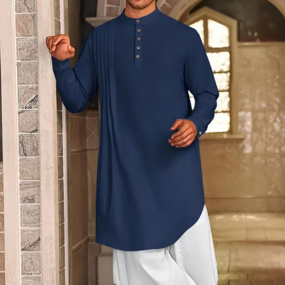 Robe caftan en coton et lin pour hommes – Thobe boutonné à manches longues pour la prière, style décontracté et arabe |   Respirant et confortable