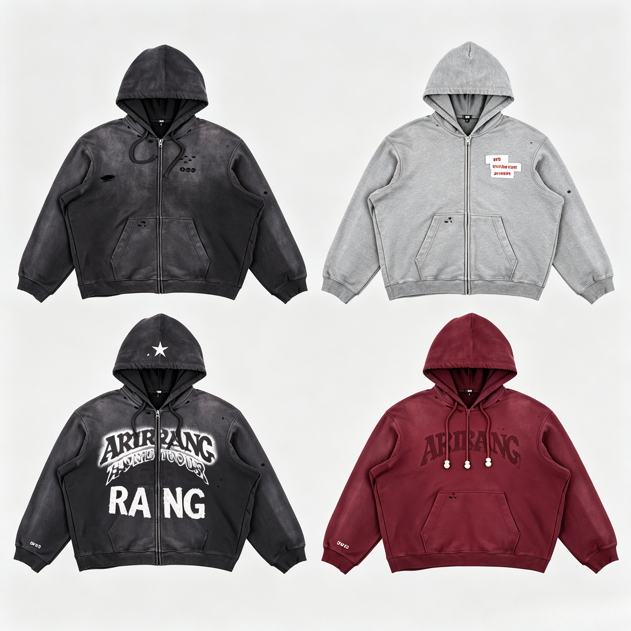 Veste streetwear décontractée pour femme et homme, vêtements de mode, sweat à capuche brodé ARIRANG, cardigan ouvert noir délavé vintage