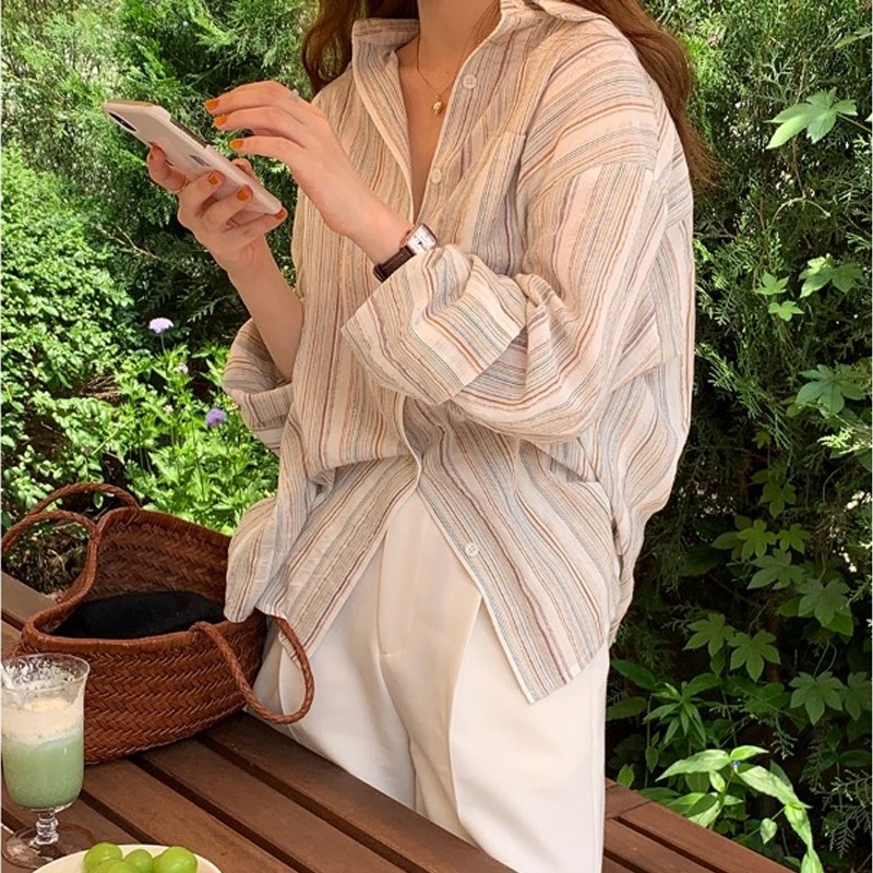 Chemises amples décontractées pour femmes, chemise de protection solaire rayée avec poche et boutons, vêtements, nouvelle mode printemps 2025 781