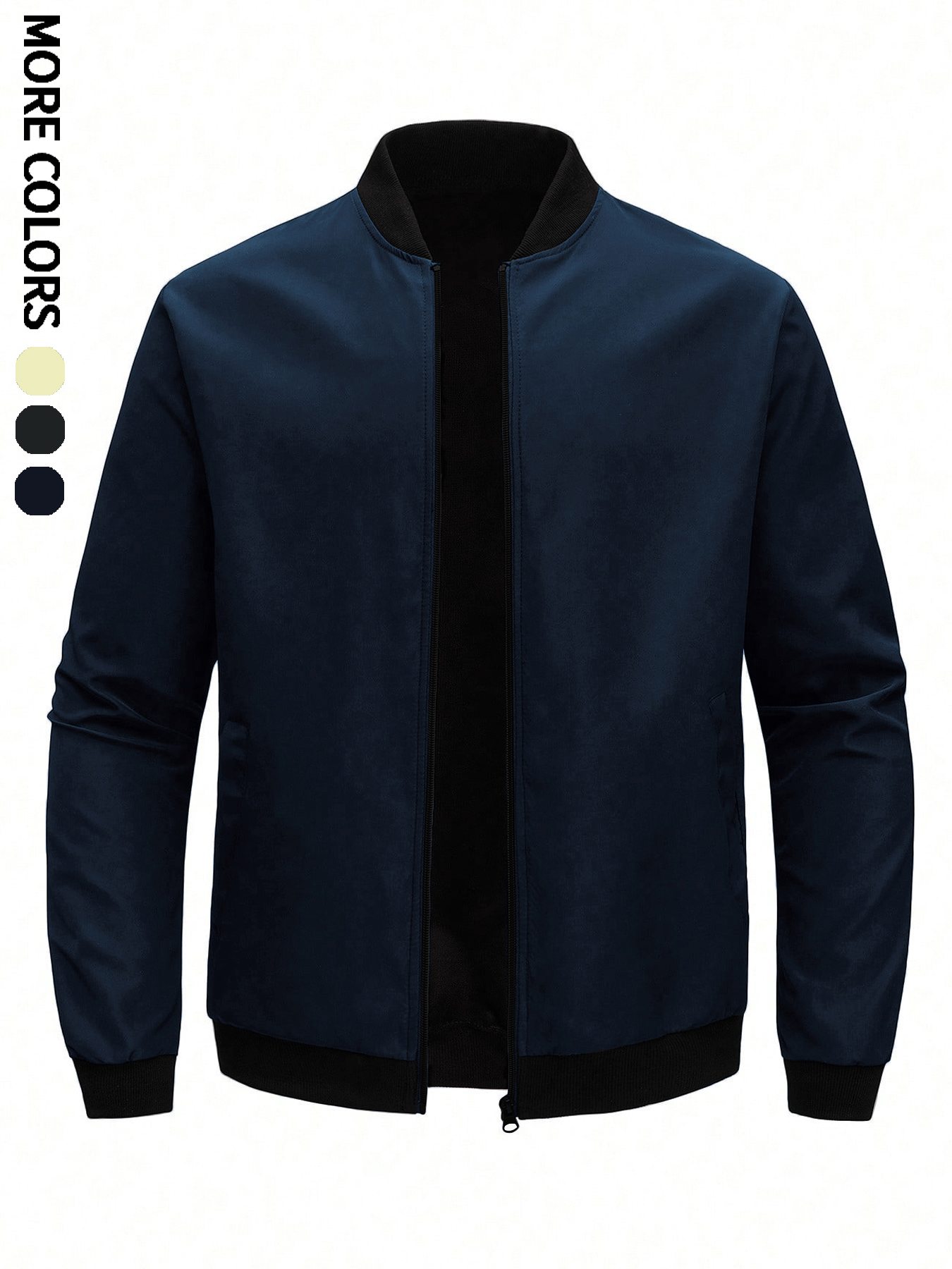 Veste légère unie pour hommes, haut à col montant pour sports de plein air et loisirs, veste de baseball avec fermeture éclair et ourlet élastique, coupe-vent, résistant à l'usure, tissu confortable et de haute qualité, adapté aux loisirs à domicile, vêtements de travail pour le travail, sports de plein air