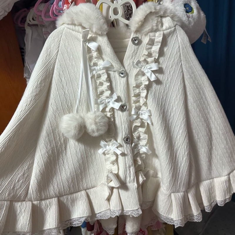 Japonais Lolita doux Kawaii Capes manteau femmes garder au chaud arc volants doux à capuche Ponchos Viange vêtements d'extérieur automne hiver vêtements