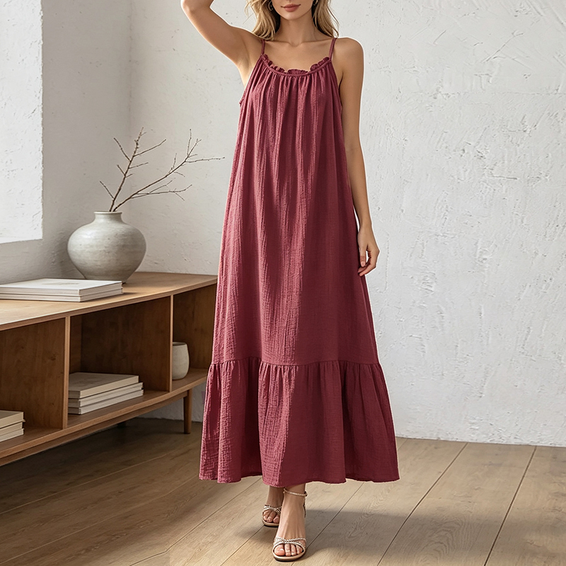Robe de plage élégante en mousseline, style décontracté, 100% coton, robes maxi rétro, coupe trapèze, sans manches, robe d'été, pour les vacances et les voyages