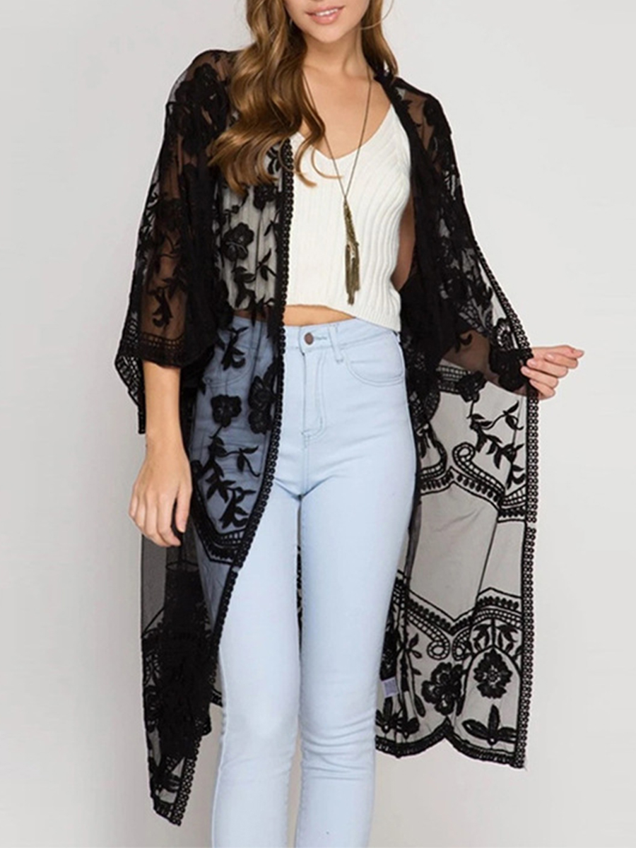 Robe de plage transparente brodée de fleurs pour femmes, cardigan uni, couverture de document, manches 3/4, vêtements de plage, vacances d'été