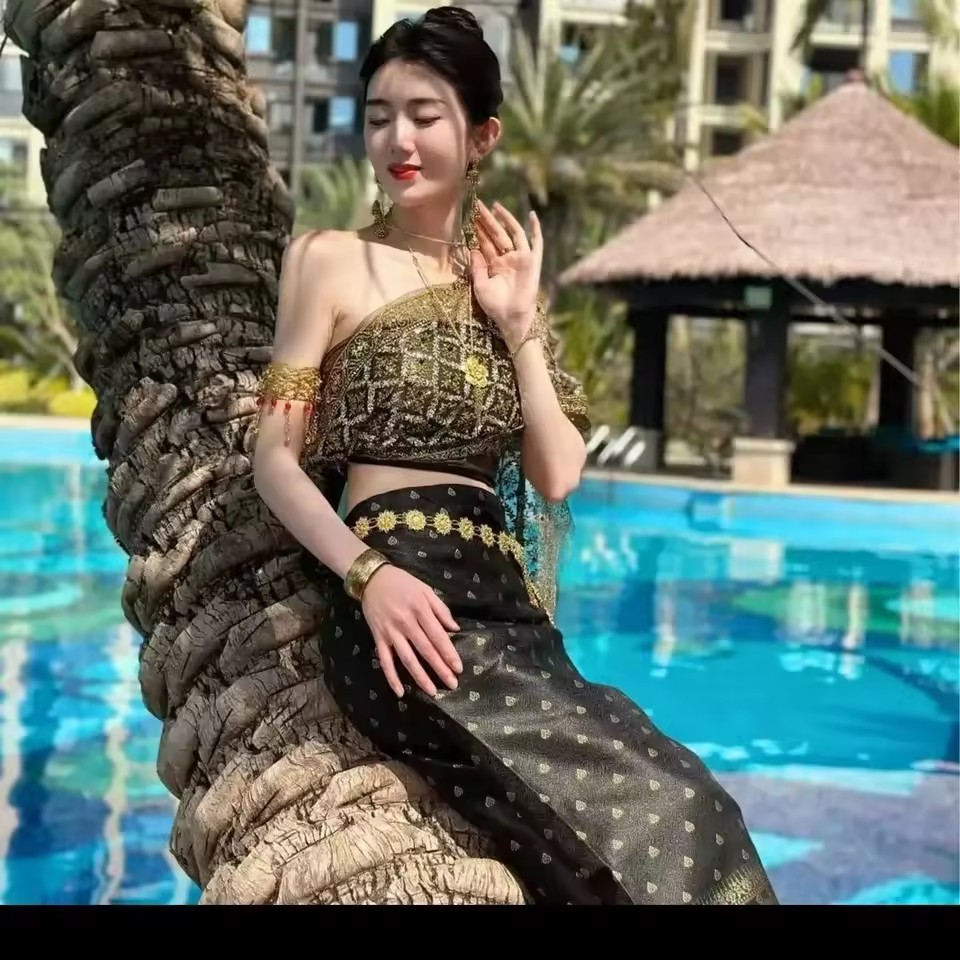 Robe Traditionnelle Thaïlandaise Vintage Dai pour Femme, Ensemble Jupe Sarong, Costume de Festival, Châle à Paillettes, Vêtements Asiatiques RON, 5 Pièces