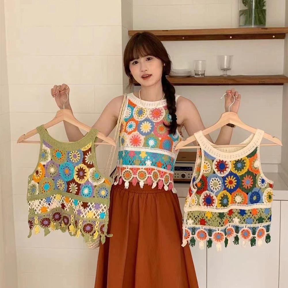 Été bohème creux tricoté gilet femmes haut court à fleurs sans manches Cami gilet femmes col rond court au crochet glands haut