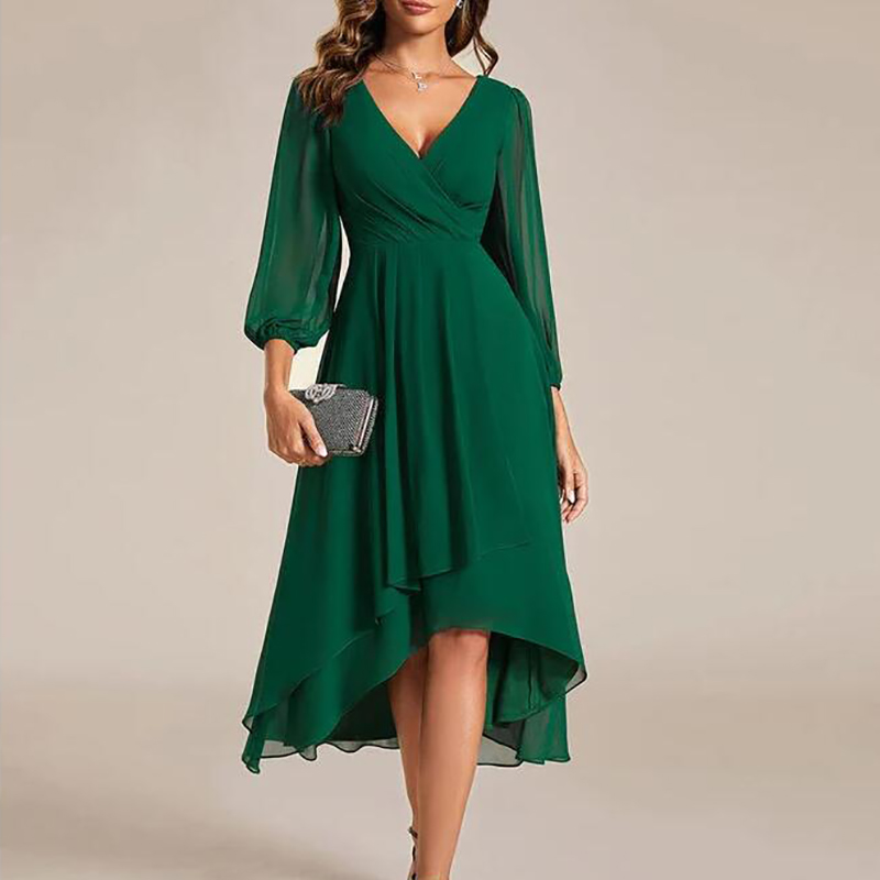 Robe longue élégante à col en V et coupe trapèze pour femme, avec manches en maille, idéale pour les fêtes, la plage et les soirées – Collection Printemps-Été
