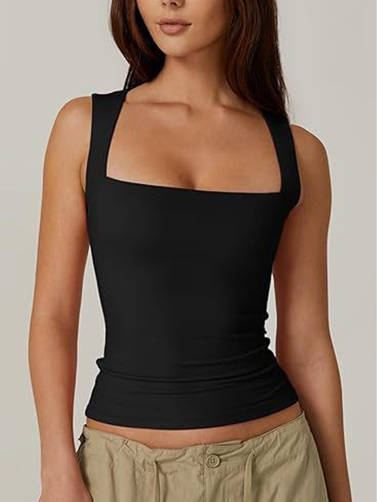 Gilet d'été à manches courtes pour femmes, col carré, coupe cintrée, mode Style de rue, vêtements de base sans manches pour filles chaudes