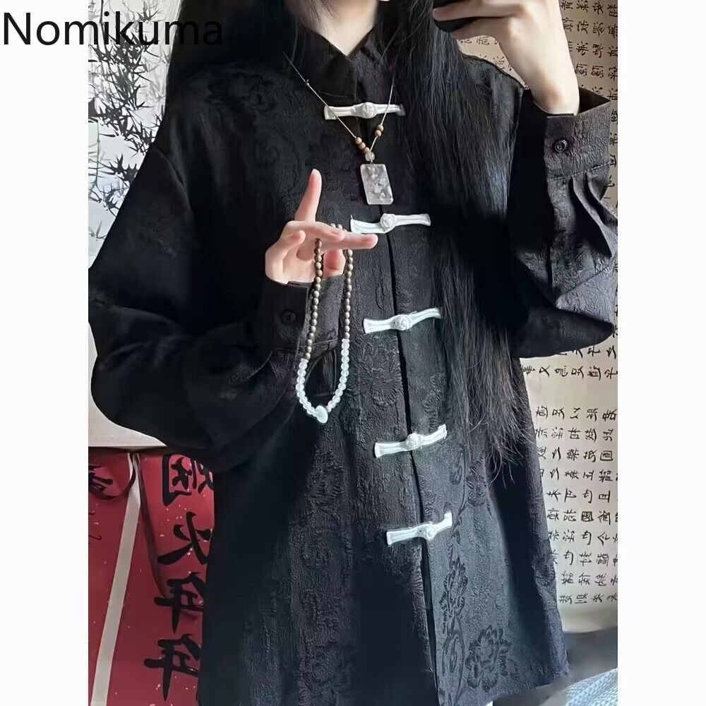 Chemisier Vintage femmes chemise noire col montant chemises à manches longues hauts surdimensionnés Harajuku mode Blouses gothique Blusas De Mujer