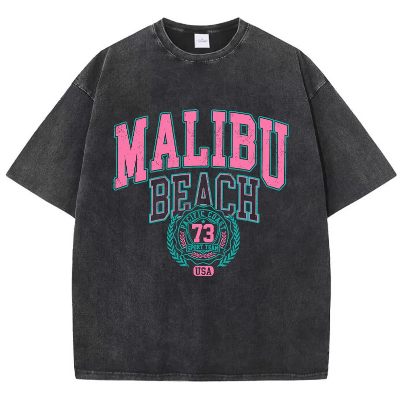 T-shirt Malibu Beach délavé, imprimé lettres, en coton, confortable, col rond, décontracté, surdimensionné, vêtements vintage