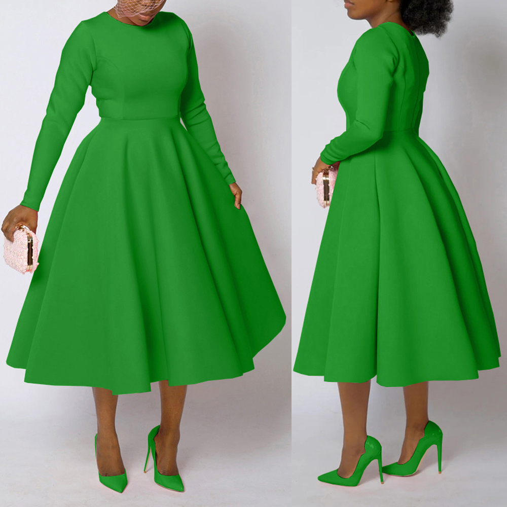 Robes d'église élégantes pour femmes, automne 2025, manches longues, col rond, taille haute, ligne a, mi-mollet, robe de Cocktail avec poches
