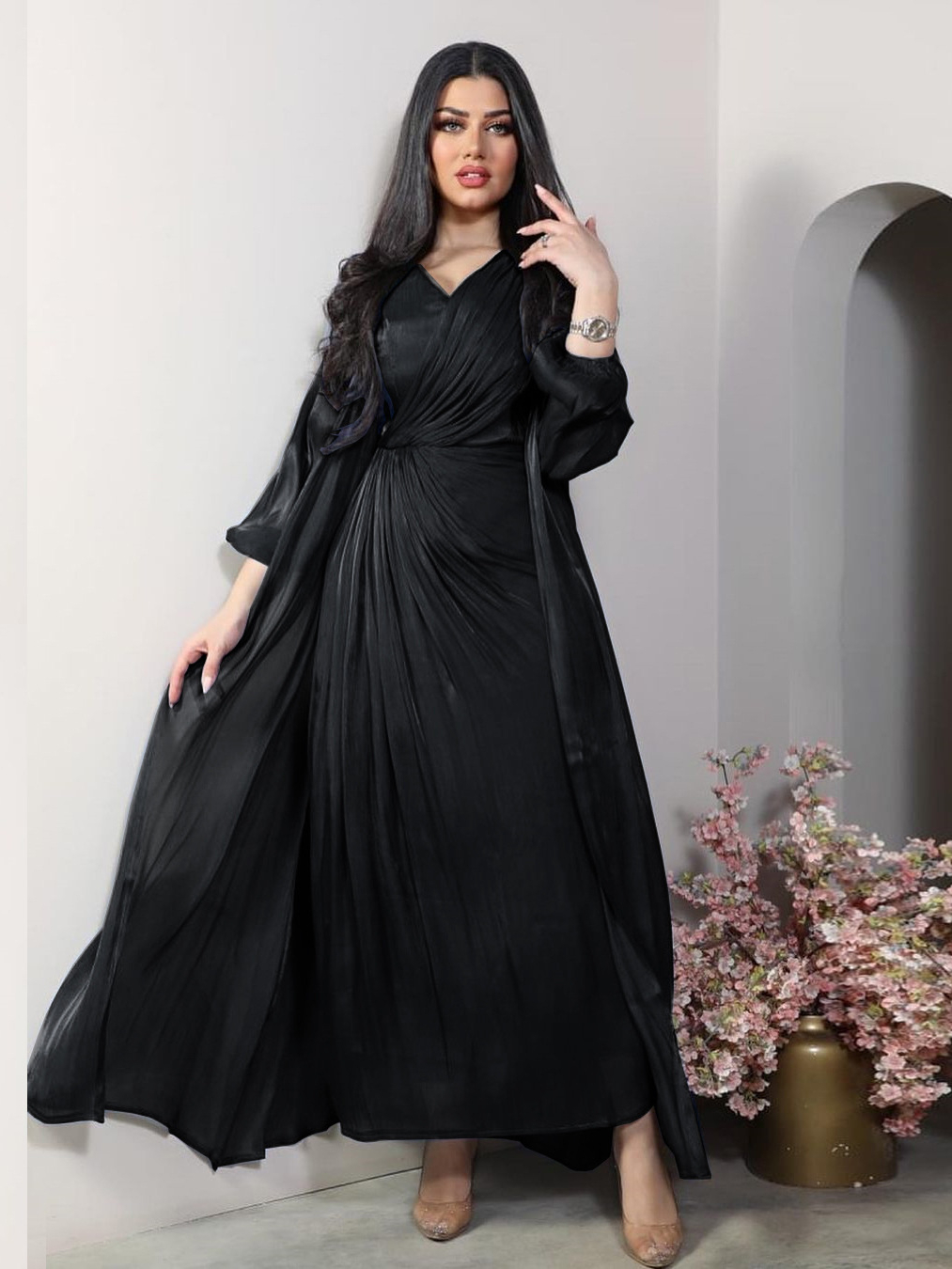 Robe de soirée marocaine femmes Abaya 2 pièces ensemble Satin soyeux dubaï robes musulmanes Eid Caftan soirée longue Robe robes Abayas Robe