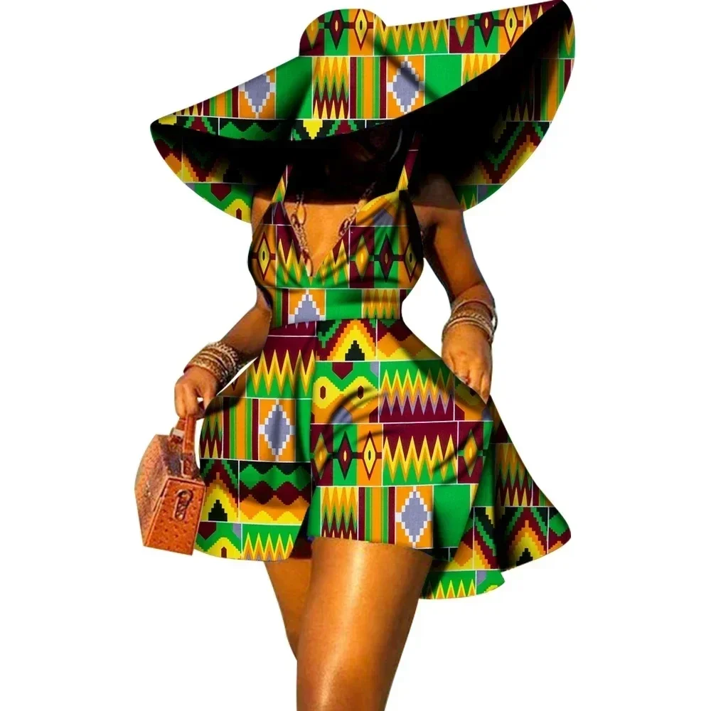 Robe d'été à imprimé africain pour femmes, combinaison sexy, col en v, pantalon court avec chapeau, vêtements africains, tenue de dame, WY8844