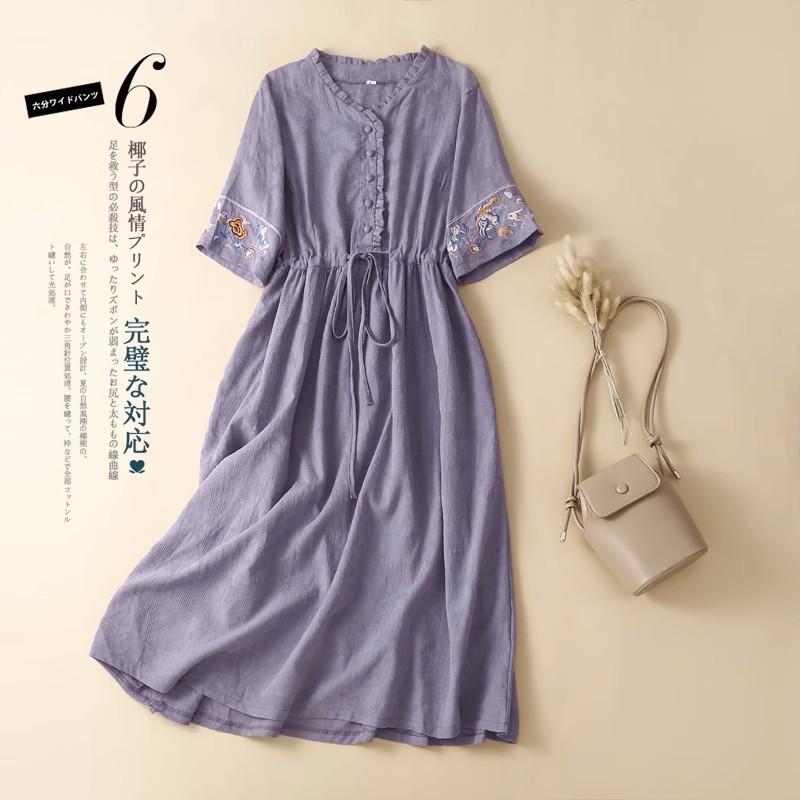 Robe Longue Vintage en Coton et Lin pour Femme, Tenue Élégante, Confortable, Chic, Brodée, Jacquard, Décontractée, Été, 100%, 2023