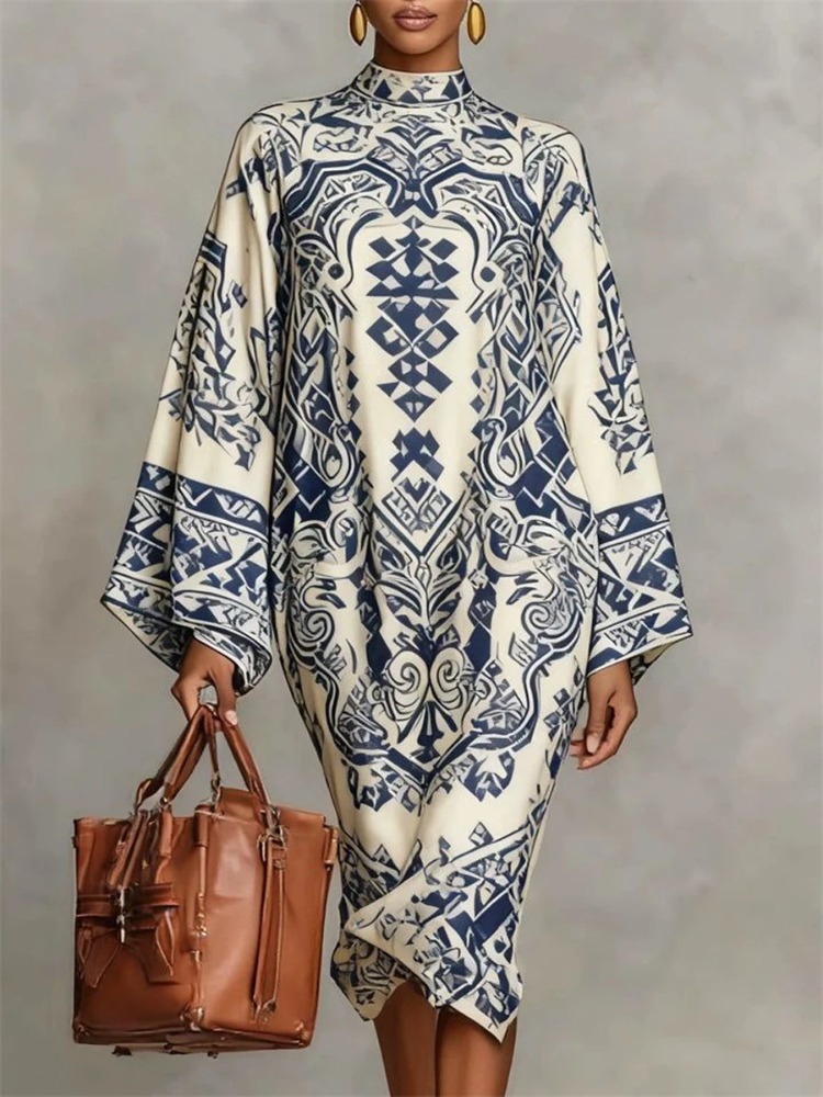 UOOZEE 2026 Nouvelle Robe de Soirée Vintage pour Femme à Imprimé Tribal, Col Montant, Manches Chauve-Souris, Coupe Ample, Élégante, pour Église, Mini-Robe