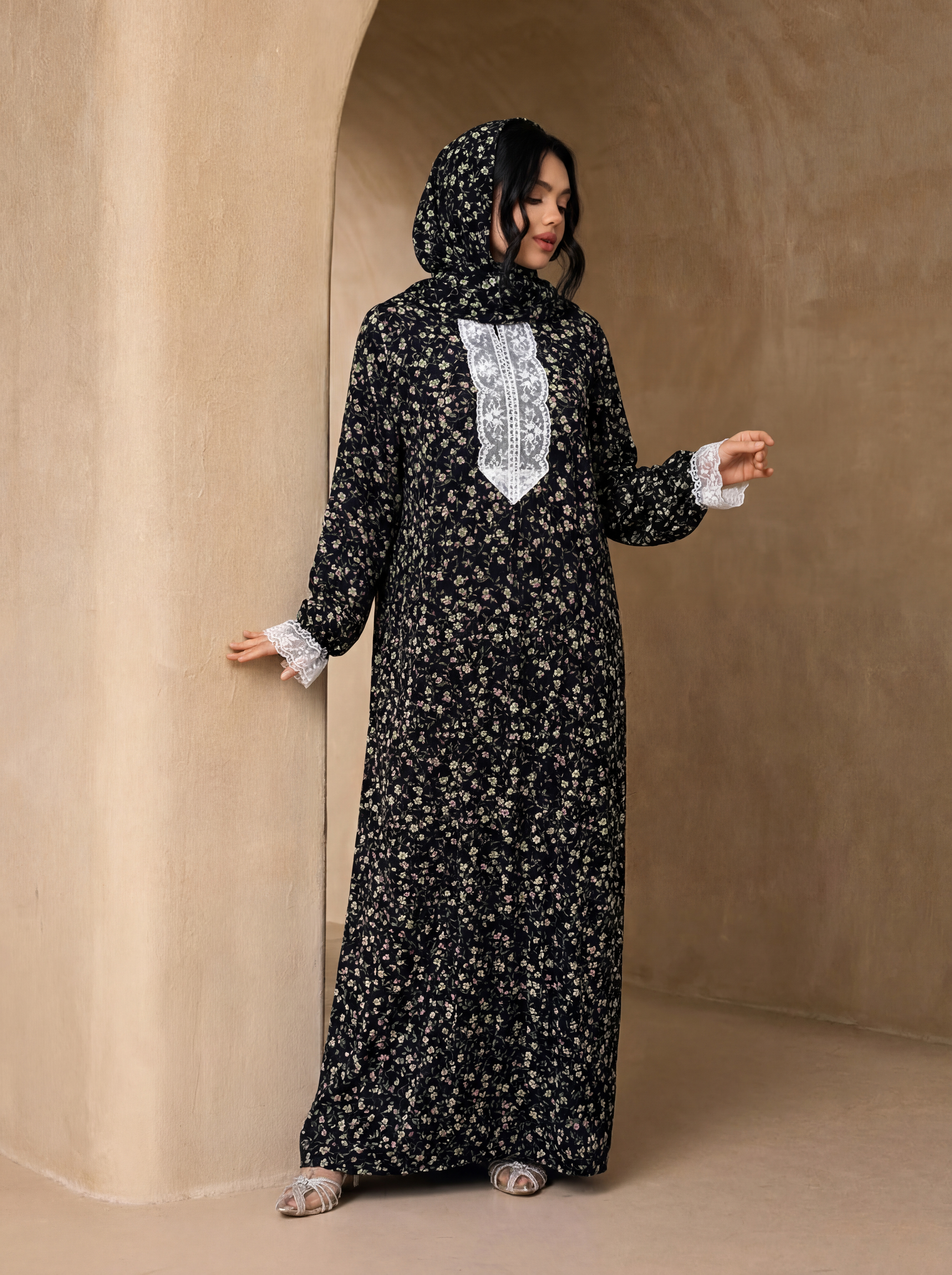 Abaya à panneaux en dentelle florale Ditsy avec hijab assorti, robe longue modeste à manches longues pour femmes musulmanes, tenue de prière quotidienne