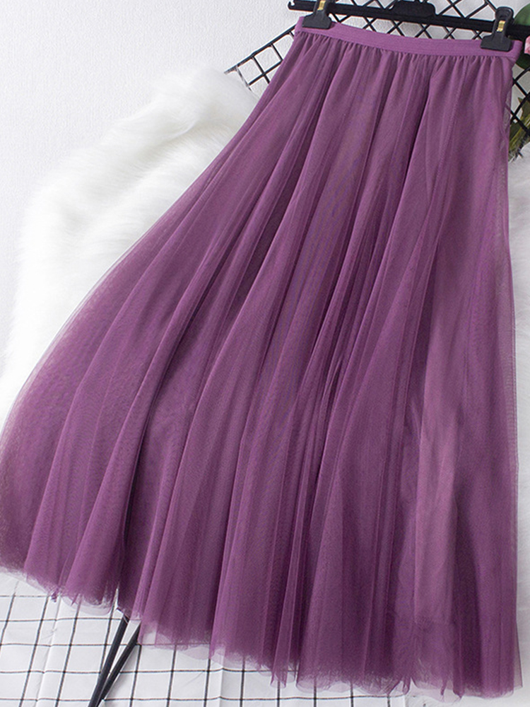 Nouveau grand ourlet longue jupe en Tulle femmes coréen décontracté Simple solide 3 couches une ligne taille haute Maxi jupe femme dame violet