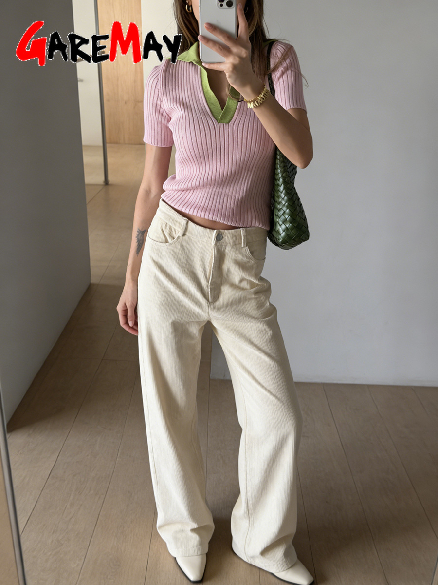 T-shirt élégant en tricot pour femme, jaune, manches courtes, style polo, 100% coton, haut d'été pour femme, Y2k, rose basique, t-shirt pour femme