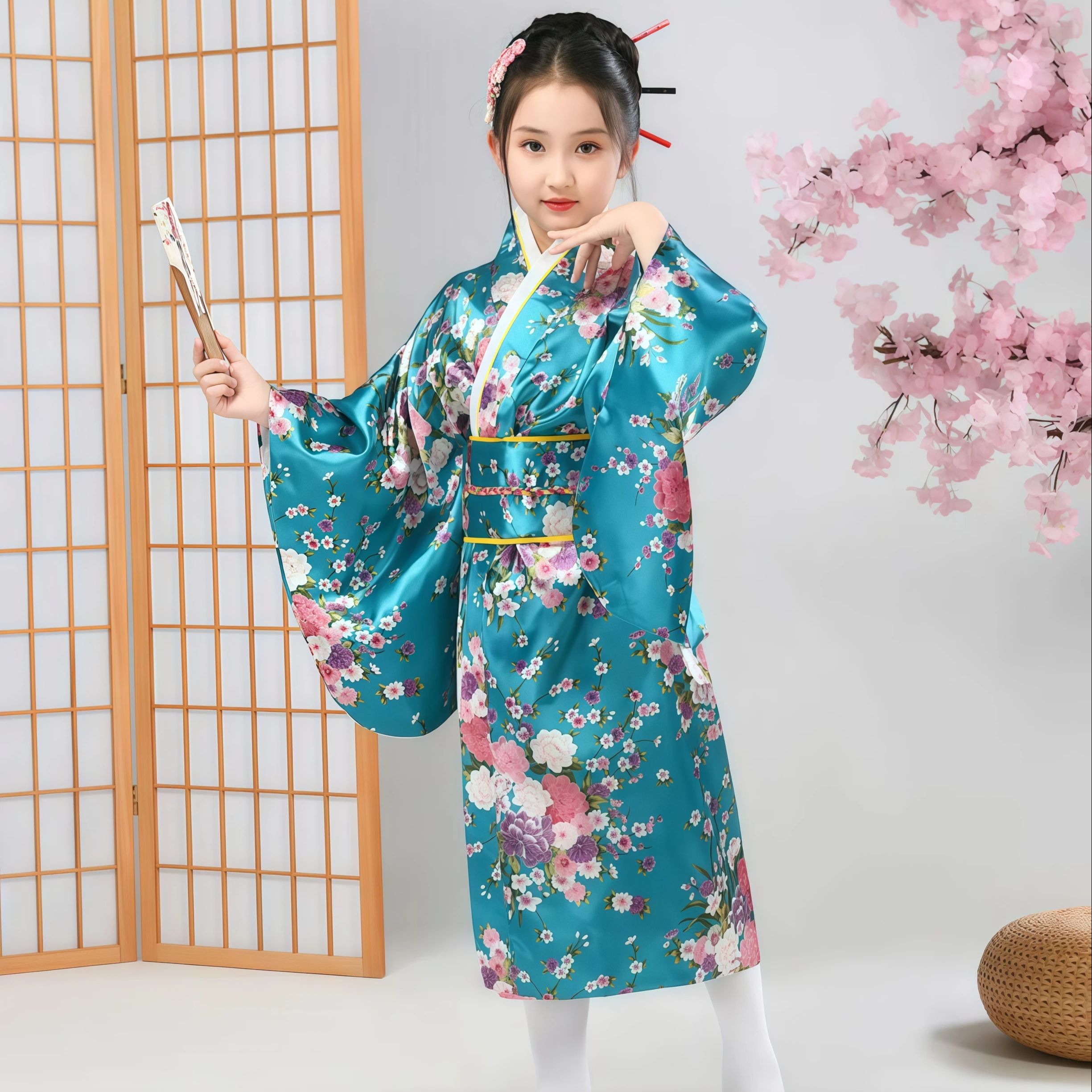 Robe Yukata à imprimé Sakura, ensemble de kimono japonais, peignoir pour filles, cosplay, spectacles scolaires, costume traditionnel Haori, costume de vacances