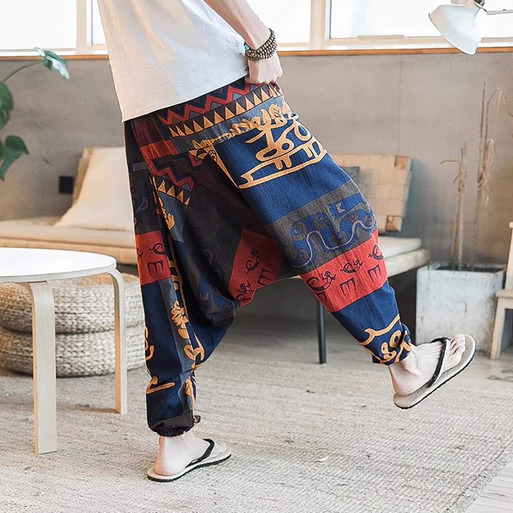Pantalon sarouel Vintage élégant pour hommes, Design à entrejambe tombant, pantalon décontracté, respirant, coupe ample, style Boho, jogging imprimé aléatoire