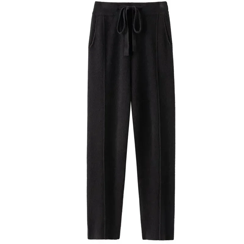Pantalon de survêtement en cachemire pour femme, nouvelle mode, taille haute, cordon de serrage, décontracté, tricoté, sarouel, automne hiver 2023